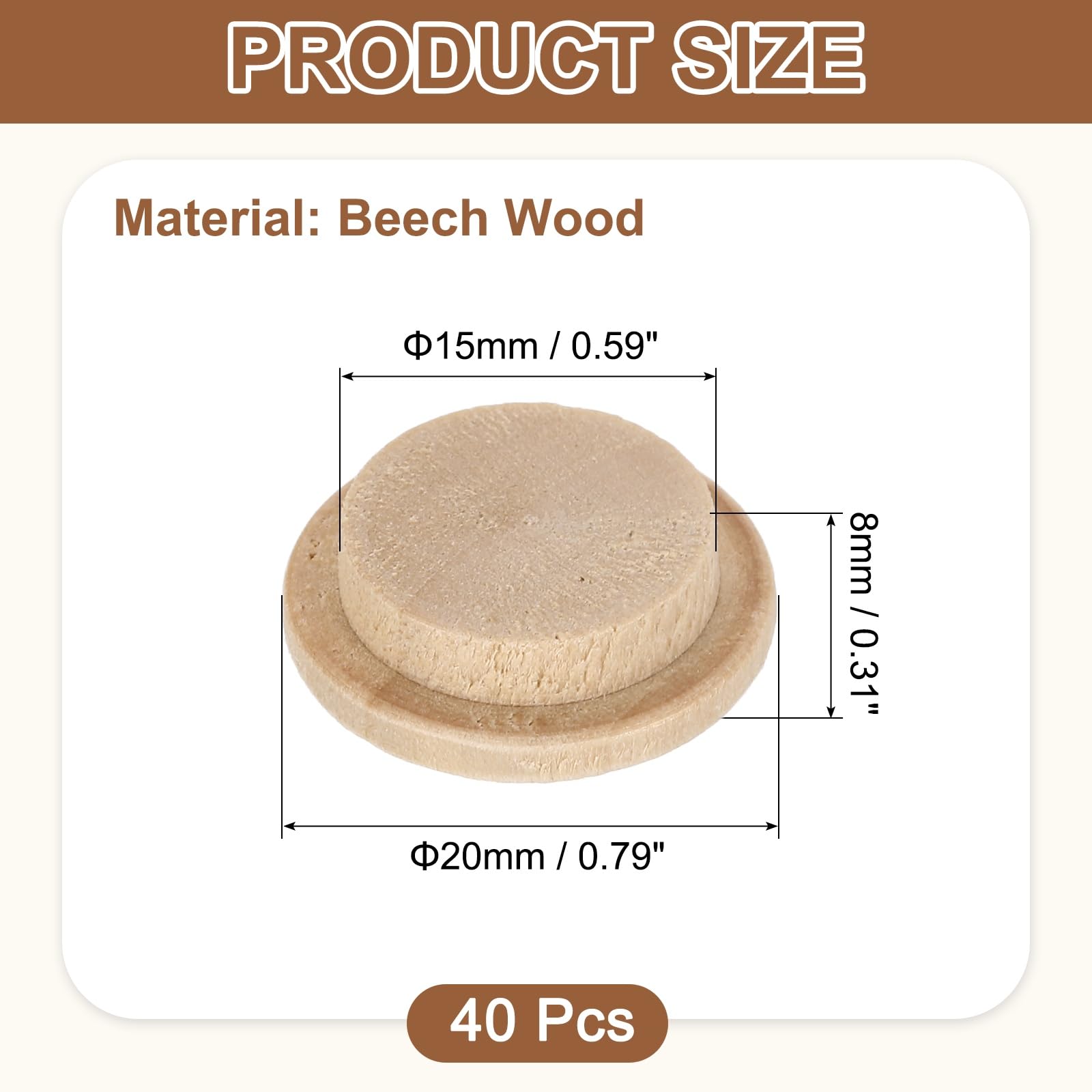 uxcell 40Pcs Wood Button Plugs, 15mm / 0.59