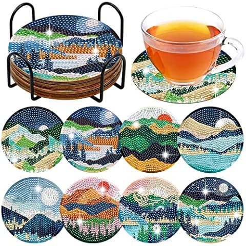 SPOKKI 8 Pcs Diamond Painting Coasters with Holder, Beginner DIY 5D Diamond Painting Art Kit, Sunset Mountain Diamond Painting Coasters Kits for Adults and Kids, DIY Coasters Home Decor Gifts (A) Cover