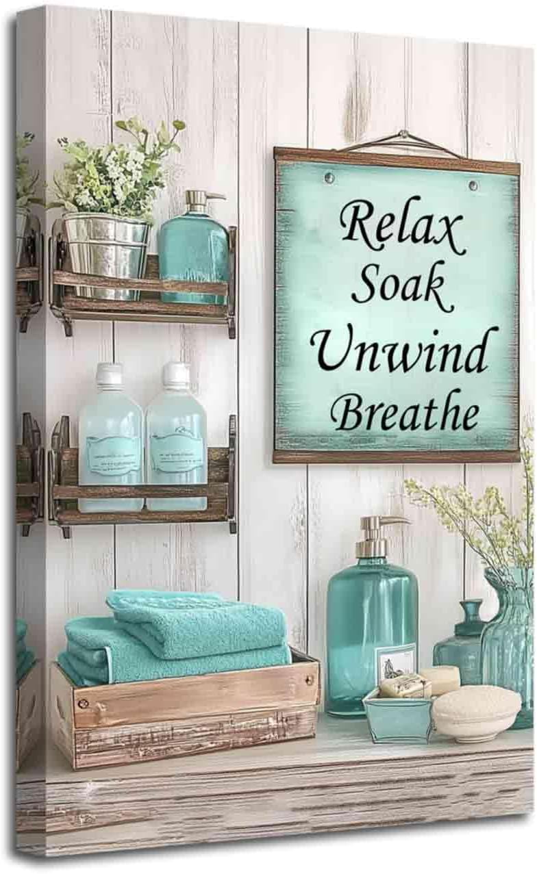 YMXDYMJSW Teal Bathroom Wall Art Turquoise Canvas Prints Rustic Bathroom Sign Pictures Farmhouse Flower Poster Prints for Toilet Restroom Decor Framed (Teal, (18L x 12W))