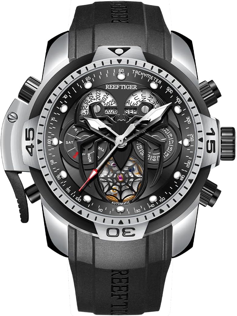 REEF TIGER Fashion Style Sport Automatic Watch Spider Dial with Complicated Year Month Perpetual Calendar Mechanical Rubber Watches RGA3532SP