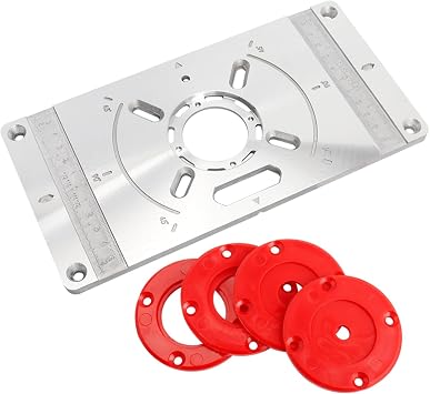 Wolfride Router Table Insert Plate Kit, Aluminum Router Plate with 4 X Red Router Insert Rings, 16 x Fixing Screws