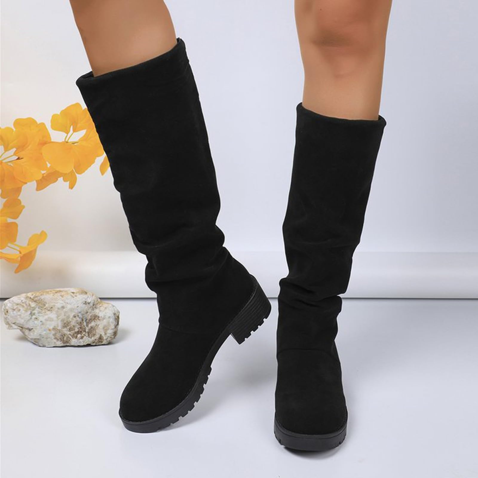 Generisch Kniehohe Stiefel Damen Blockabsatz Langschaftstiefel Rutschfest Hohe Schlupfstiefel Dicker Sohle Halbstiefel Runde Herbst Winter Schlupfschuhe Outdoorschuhe Winterstiefel Overknees Stiefel