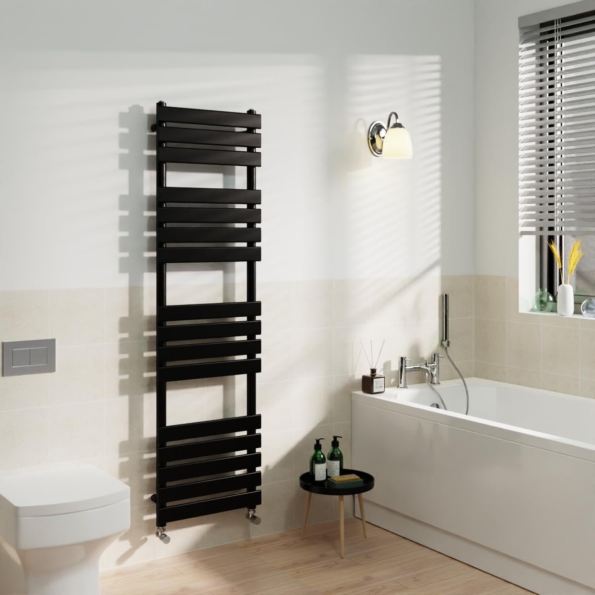 Warmehaus Black Flat Panel Heated Towel Rail Radiator Ladder Rad Central Heating Towel Warmer For Bathroom Kitchen 1600X450mm