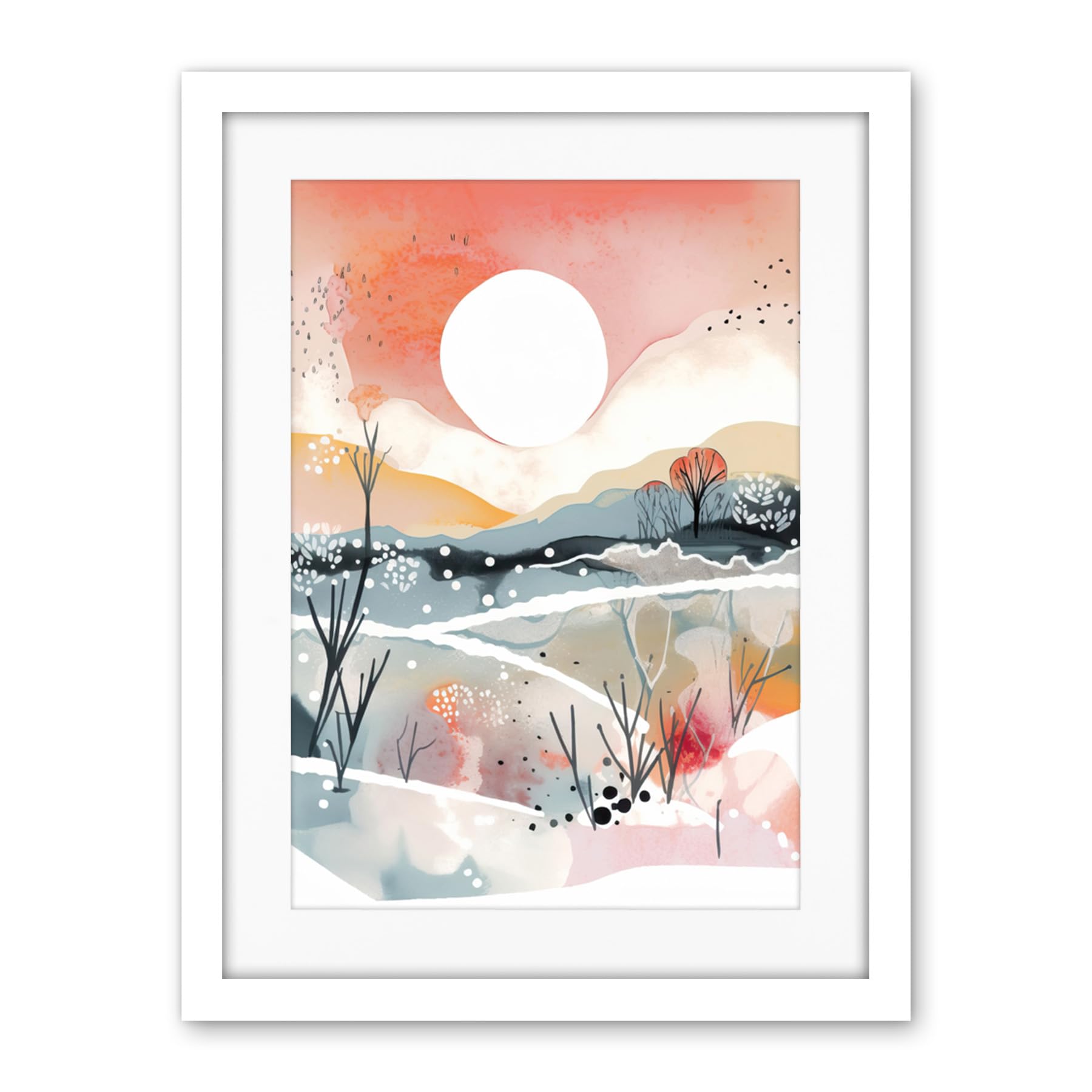 Artery8 Sunset in Winter Landscape Boho Modern Folk Art Artwork Framed Wall Art Print 18X24 Inch