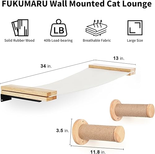 Miniatura 2 de FUKUMARU Muebles de pared para gatos, juego de 2 estantes de escalada, estante de madera de goma maciza para gatos, perchas para gatos para dormir