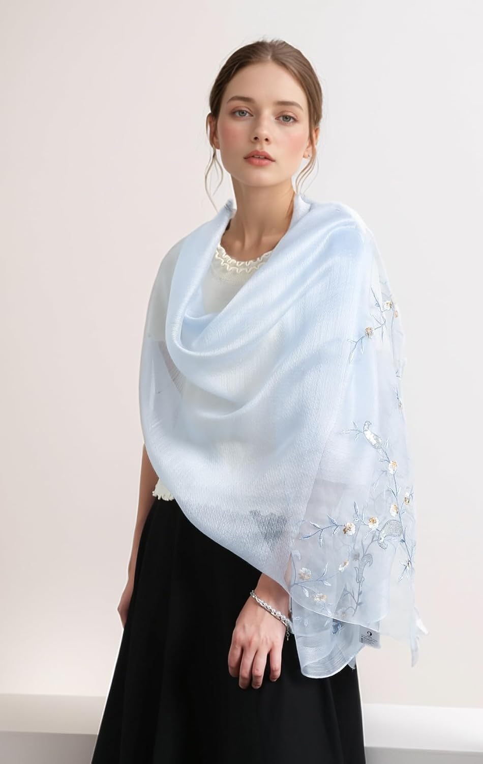 Jeelow Silk Wool Floral Fashion Scarf Shawl Wrap Lightweight Sheer For Women Floral Embroidery Wedding Party Prom - Image 5