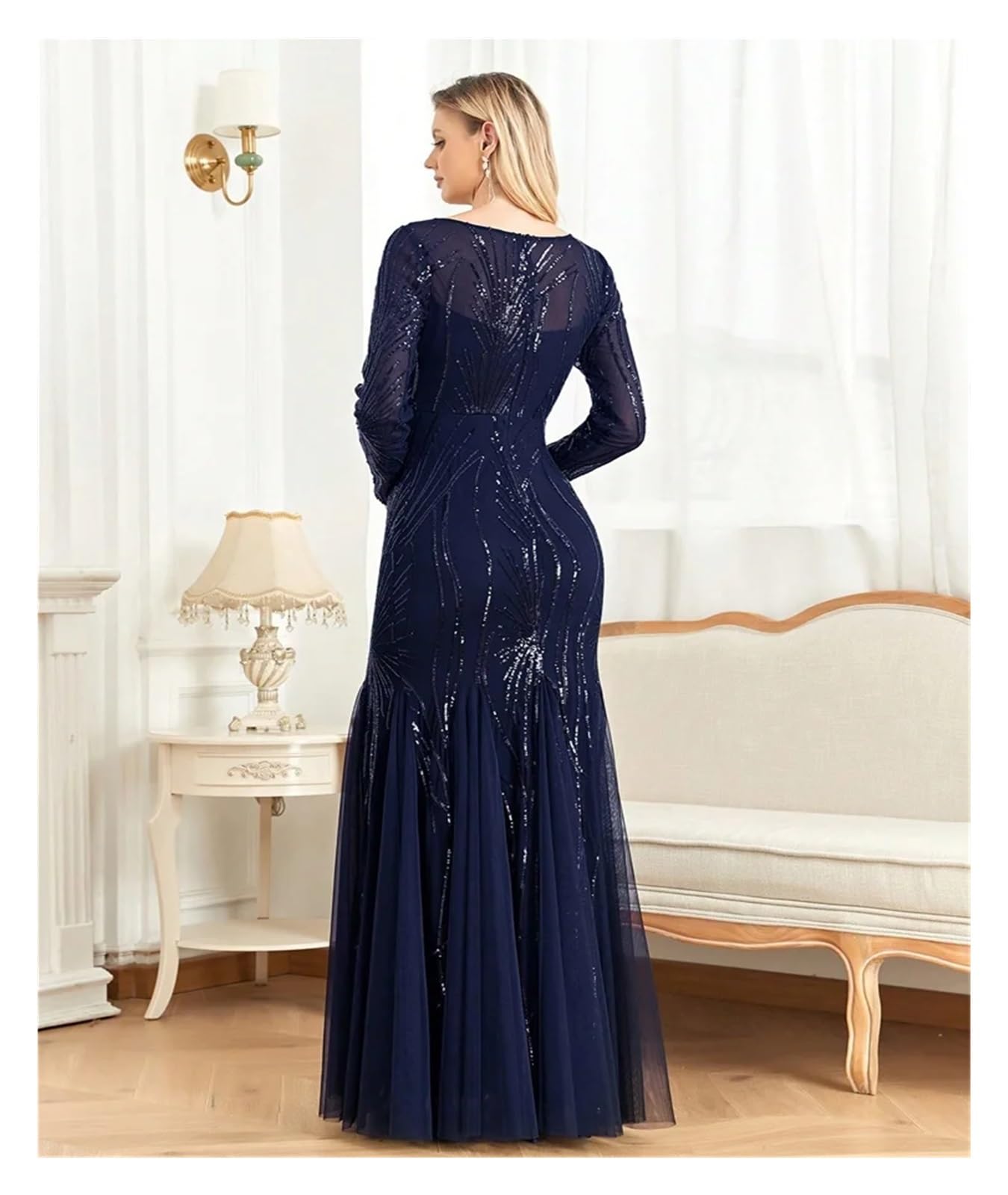 Vestido de Graduación para Mujeres Elegantes Vestidos de Noche de Tul con Lentejuelas y Mangas largas, Estilo Sirena, Formales, for Dama de Honor y Fiesta Maxi(Champagne,M)