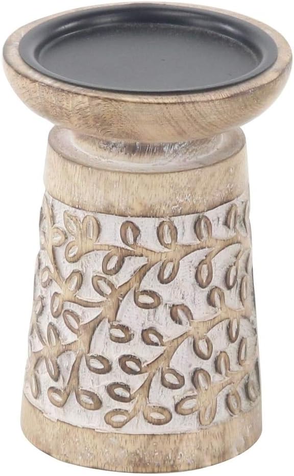 3-Piece Rustic Mango Wood Flourish-Patterned Candle Holder Set Brown Bohemian Eclectic