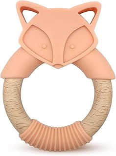 Animal Shape Baby Teething Toys, Teething Toys for Babies 12+ Months, Natural Wooden Teething Ring, Food-Grade Silicone, for Baby Teething Relief & Sensory Exploration, Easy to Grip(Fox)