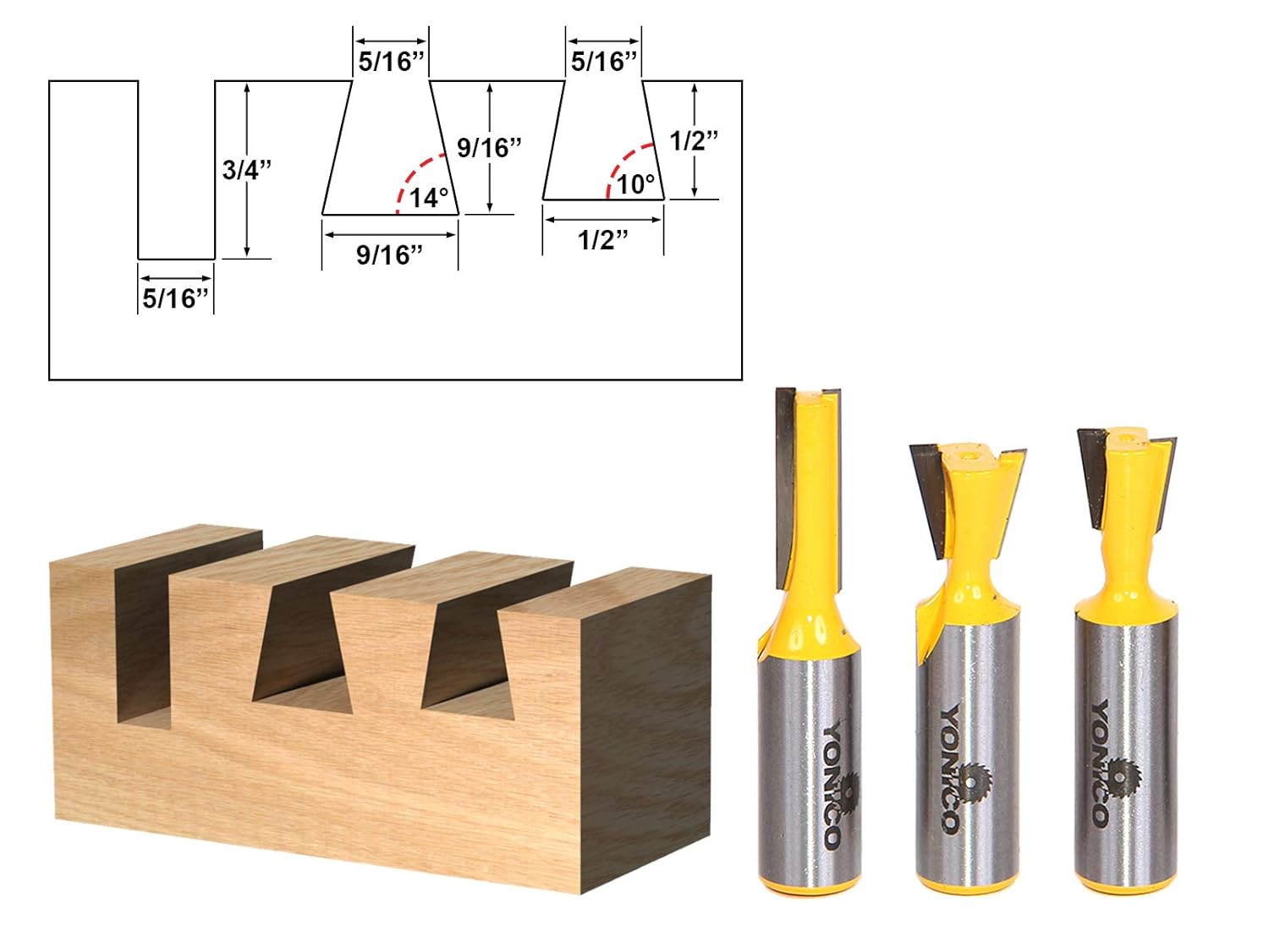 YONICO Router Bits Set Dovetail 3 Bit 1/2-Inch Shank 14318