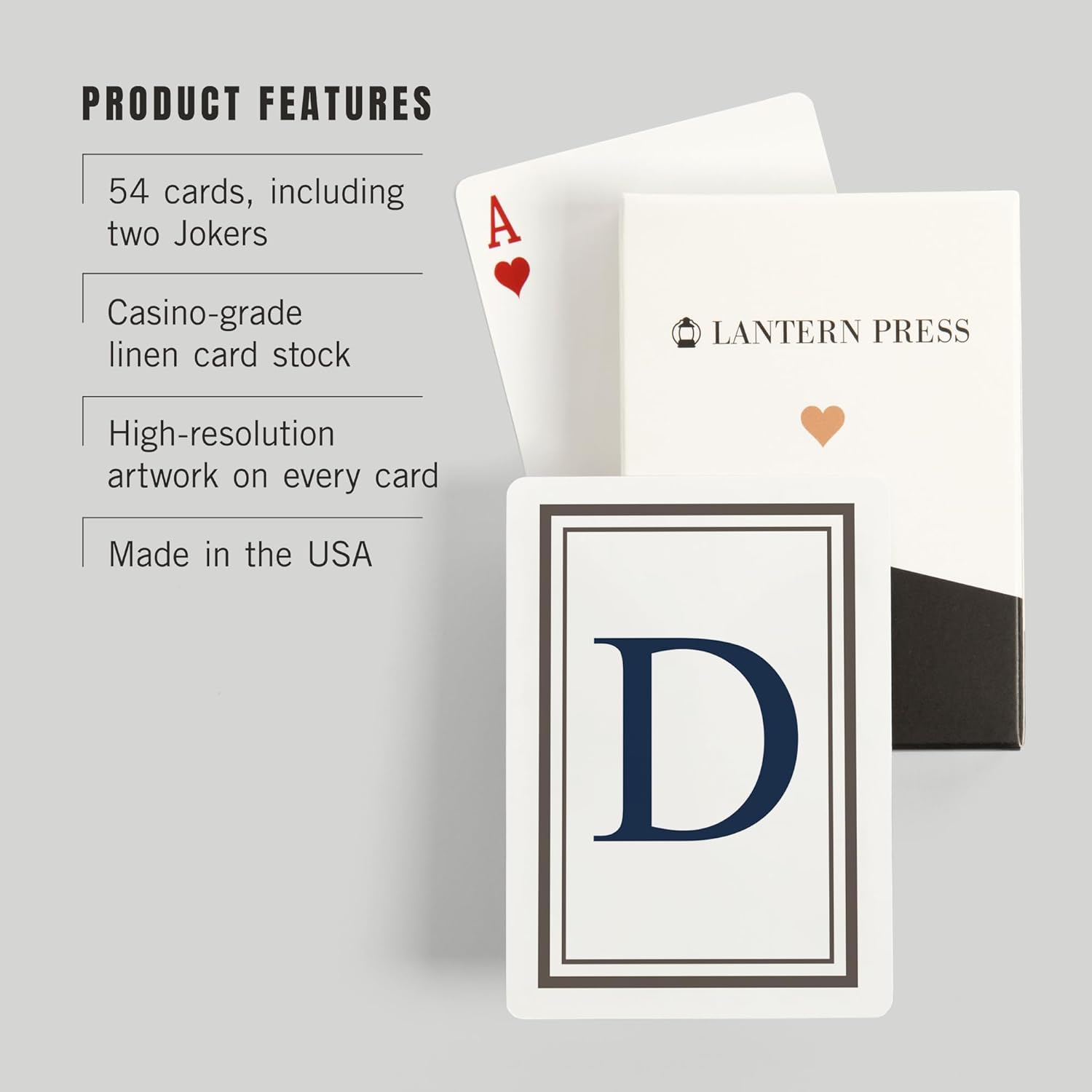Lantern Press Monogram, Estate, Gray and Blue, D, 52 Playing Cards for Adults, Poker Size Card Deck
