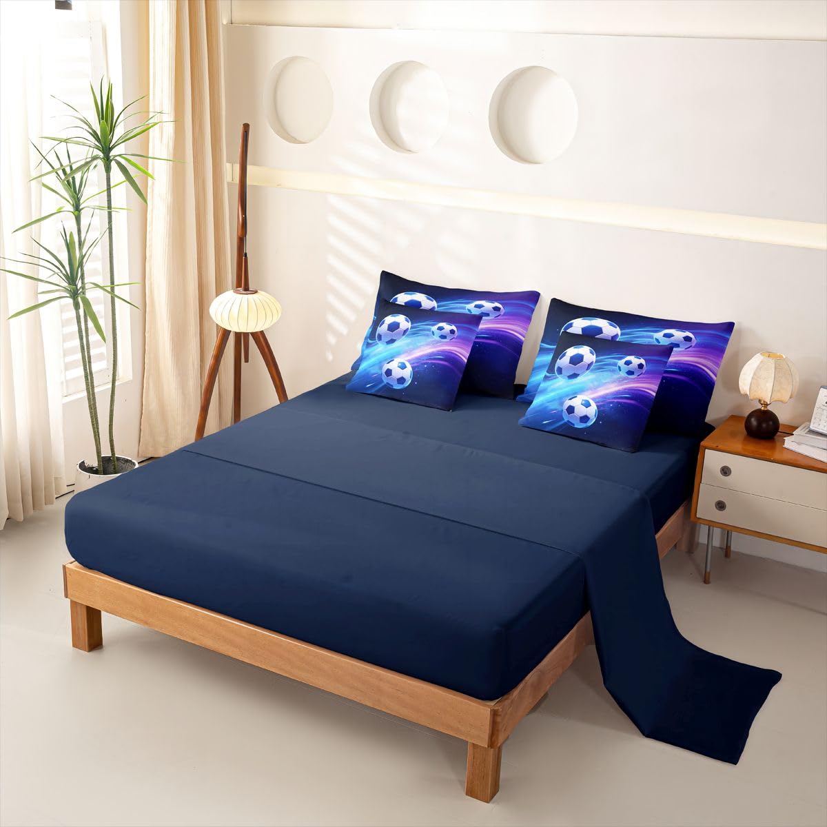 Loussiesd Juego de ropa de cama de 7 piezas para niños y niñas, juego de ropa de cama con funda de edredón, sábanas, fundas de almohada, fundas de cojín, tamaño doble, diseño de fútbol