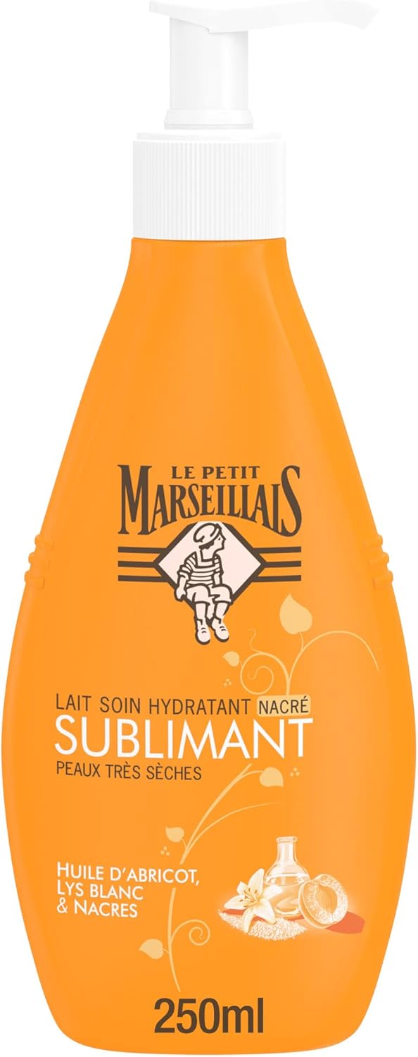 Le Petit Marseillais Lait Corps Hydratant, Sublimant, a l’Huile d’Abricot, Lys Blacn et Nacres, Pour Peaux Très Sèches, 250ml