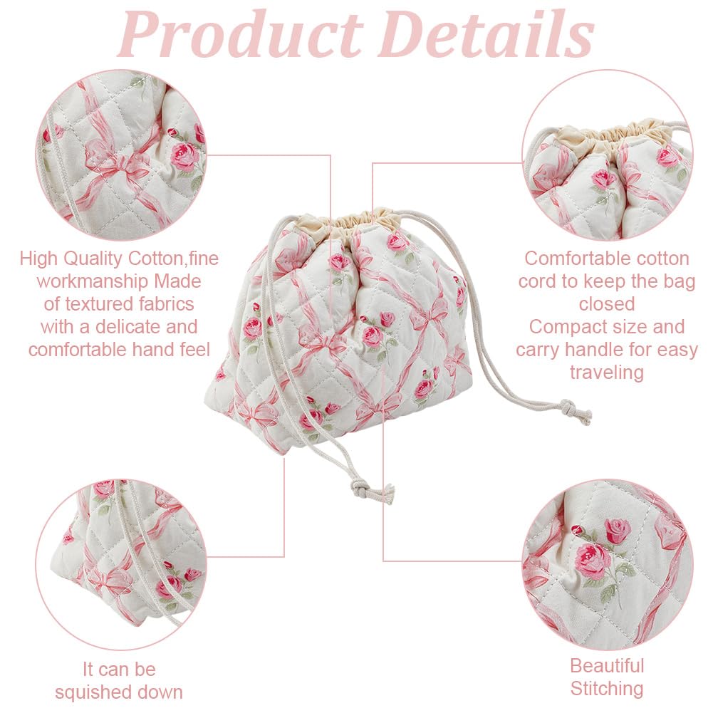 PLIGREAT Small Drawstring Makeup Bag Cotton Quilted Cosmetic Bag with Canvas Lining Pink Bow Style Portable Make Up Organizer for Traveling Toiletry Cute Women Gift - Image 3