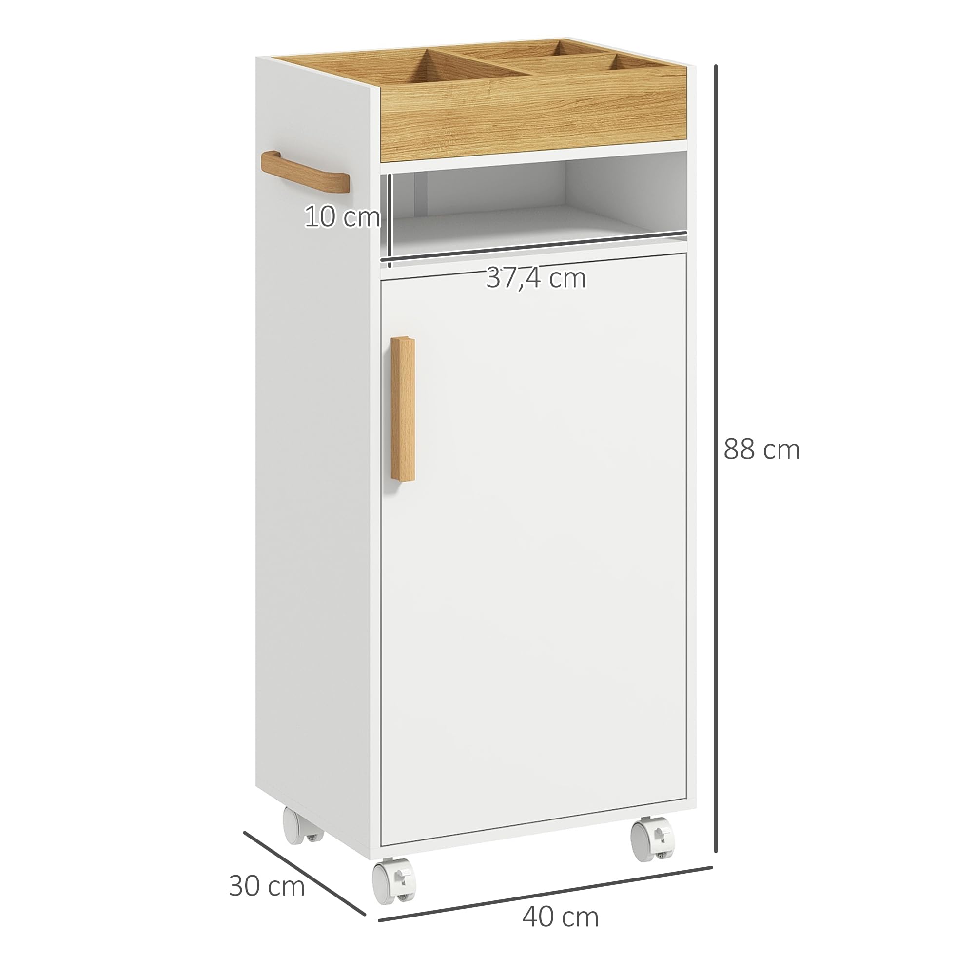 kleankin Armario de Baño Moderno con Ruedas 40x30x88 cm Blanco y Roble | Mueble Auxiliar de Baño, Mueble de Suelo, Estantes Ajustables, Bandeja Extraíble