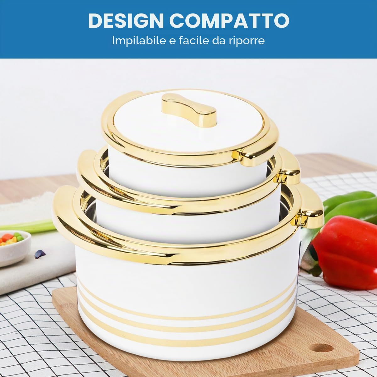 Pinnacle Casseruola isolata con coperchio, set 3 pezzi 3,7/2,6/1,5 lt. Scaldavivande termiche per zuppa/insalata, contenitore caldo in acciaio inox per le mamme