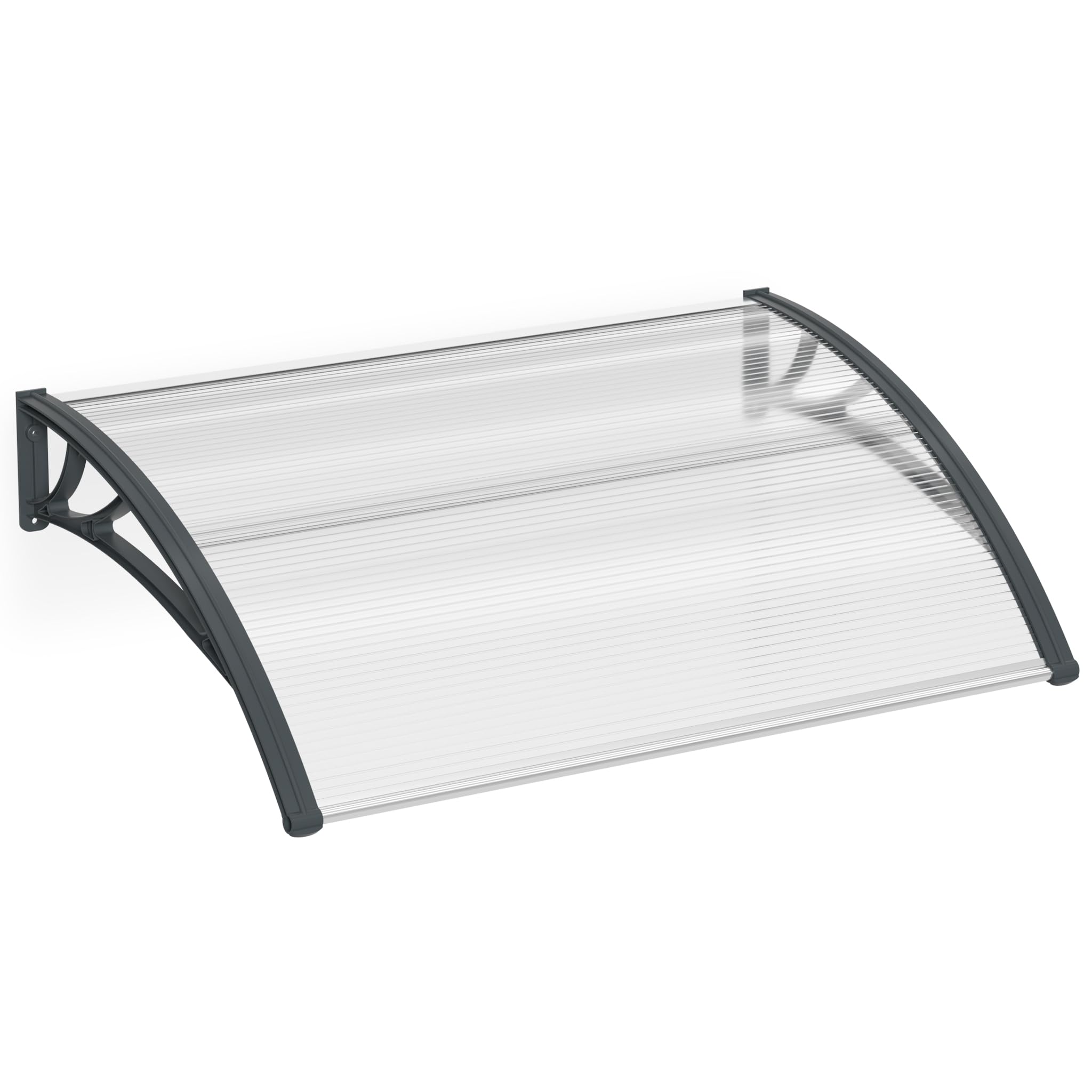 Aufun daszek na drzwi wejściowe 150 x 100 cm zadaszenie drzwi wejściowych o grubości 5 mm Przezroczysty poliwęglan, wspornik PP, Daszek na drzwi łukowe, szary wspornik
