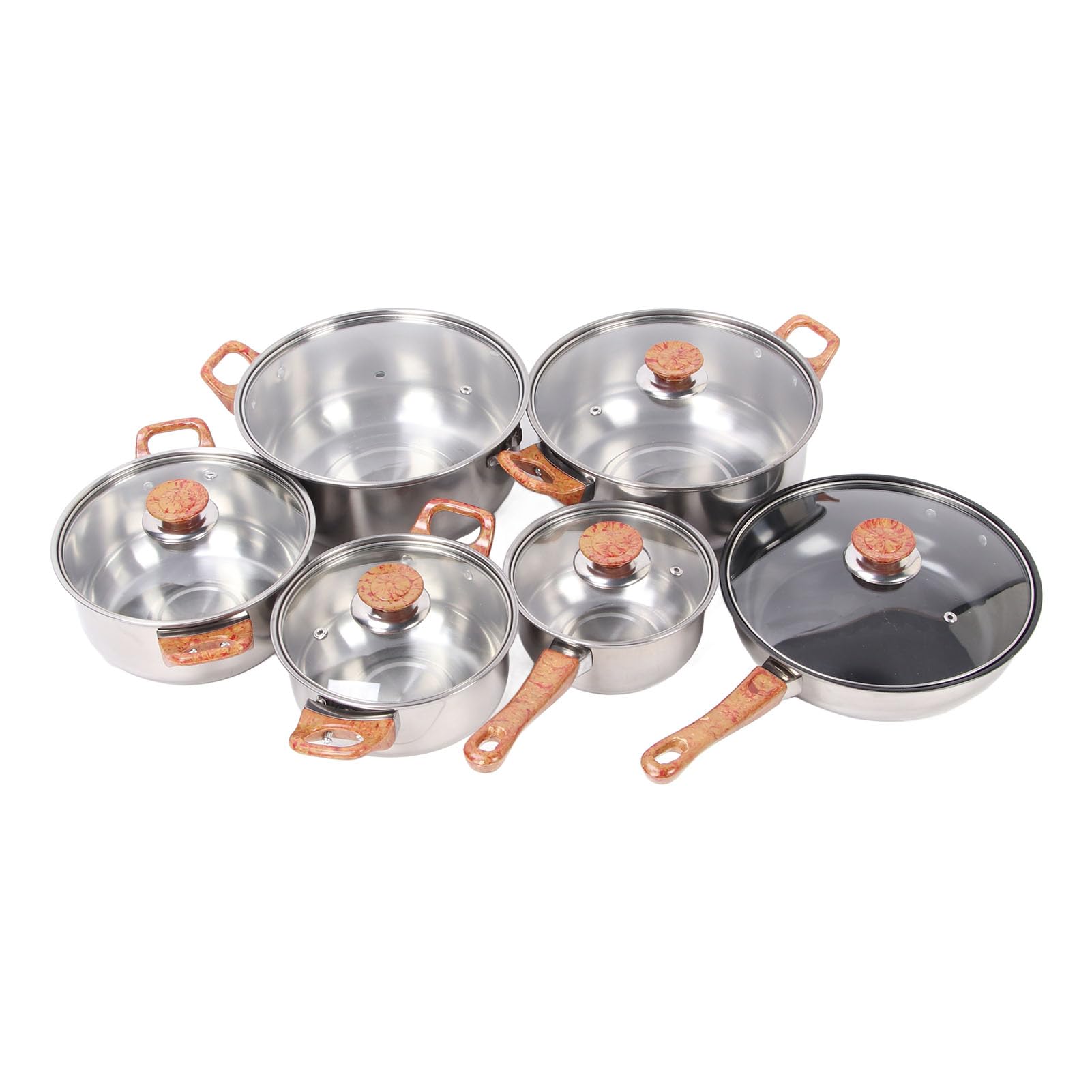 Holigie Stainless Steel cookware,Set with Glass lid and Wood Grain Handle Non Stick cookware Set Ergonomic Suitable for soups Pasta and stews