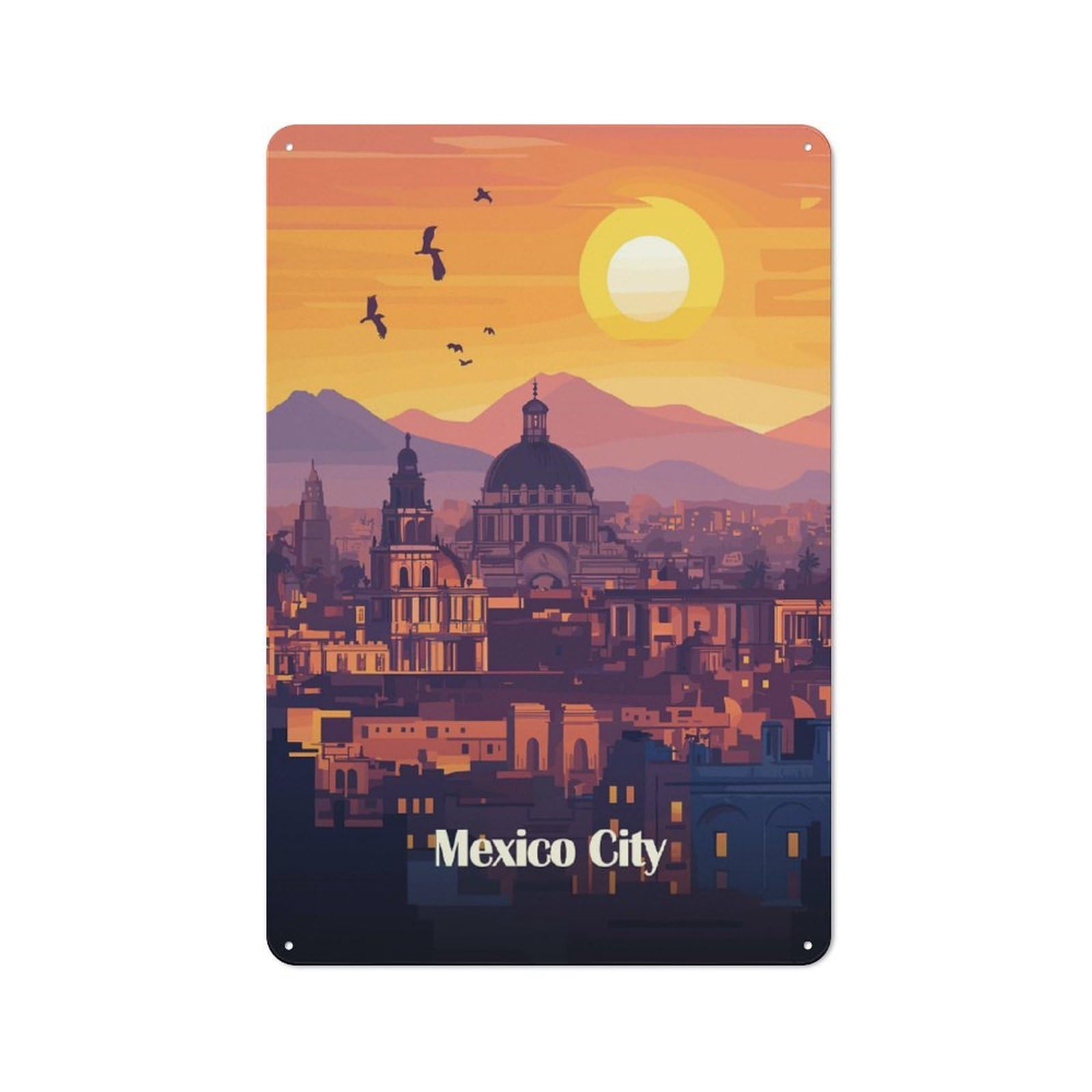 Junmoney Style-4 Mexico City Skyline Sunset Retro Metal Plaque 30X20cm For Living Room Or Hallway, Suited To Hallway Decor Fans