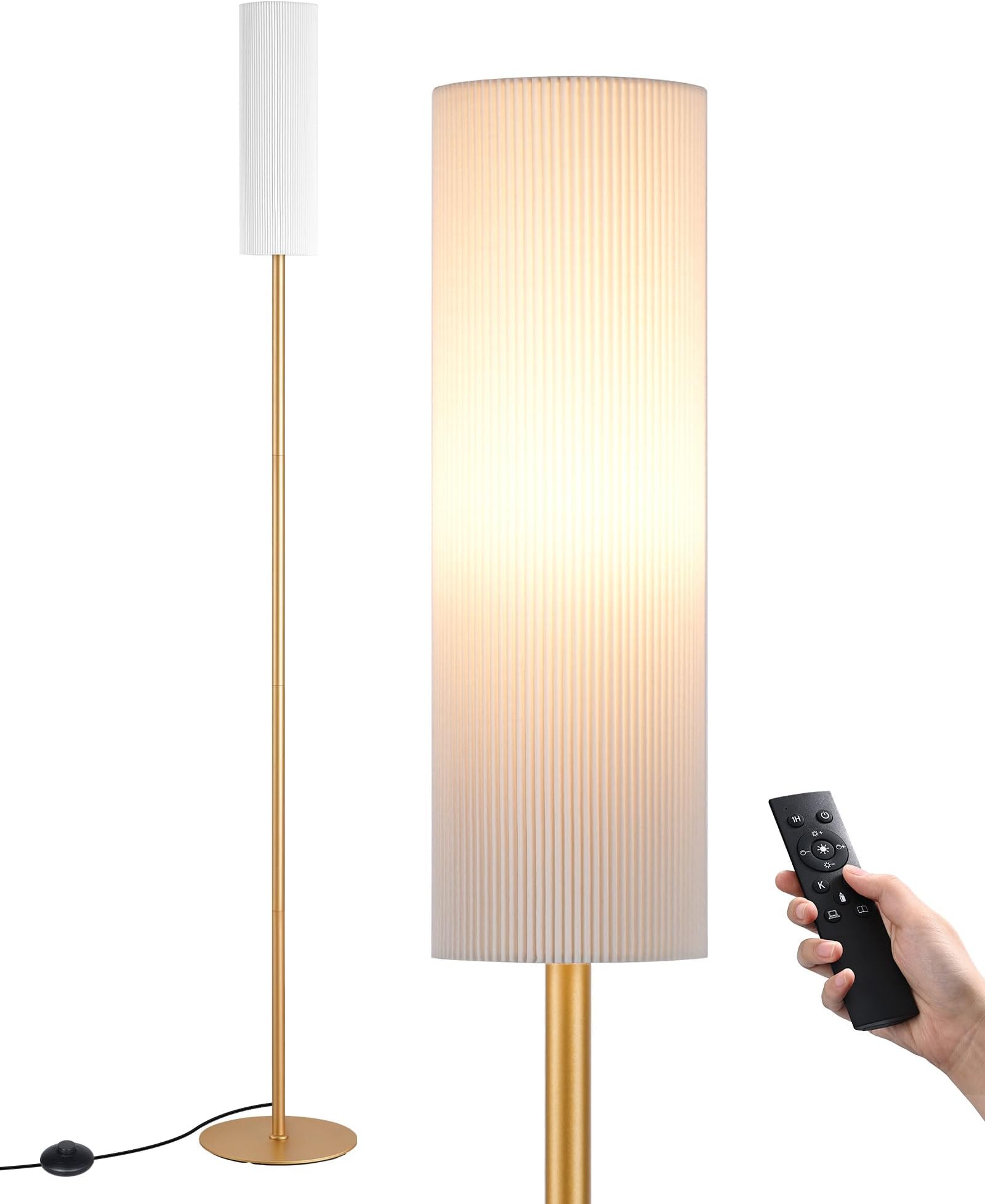 EDISHINE Floor Lamp, Standing Lamp with Wrinkled Linen Lampshade, Floor Lamps for Living Room, Bedroom, 165cm, E27 Socket(9W LED Dimmable Bulb Included), Magnetic Remote Control, Gold