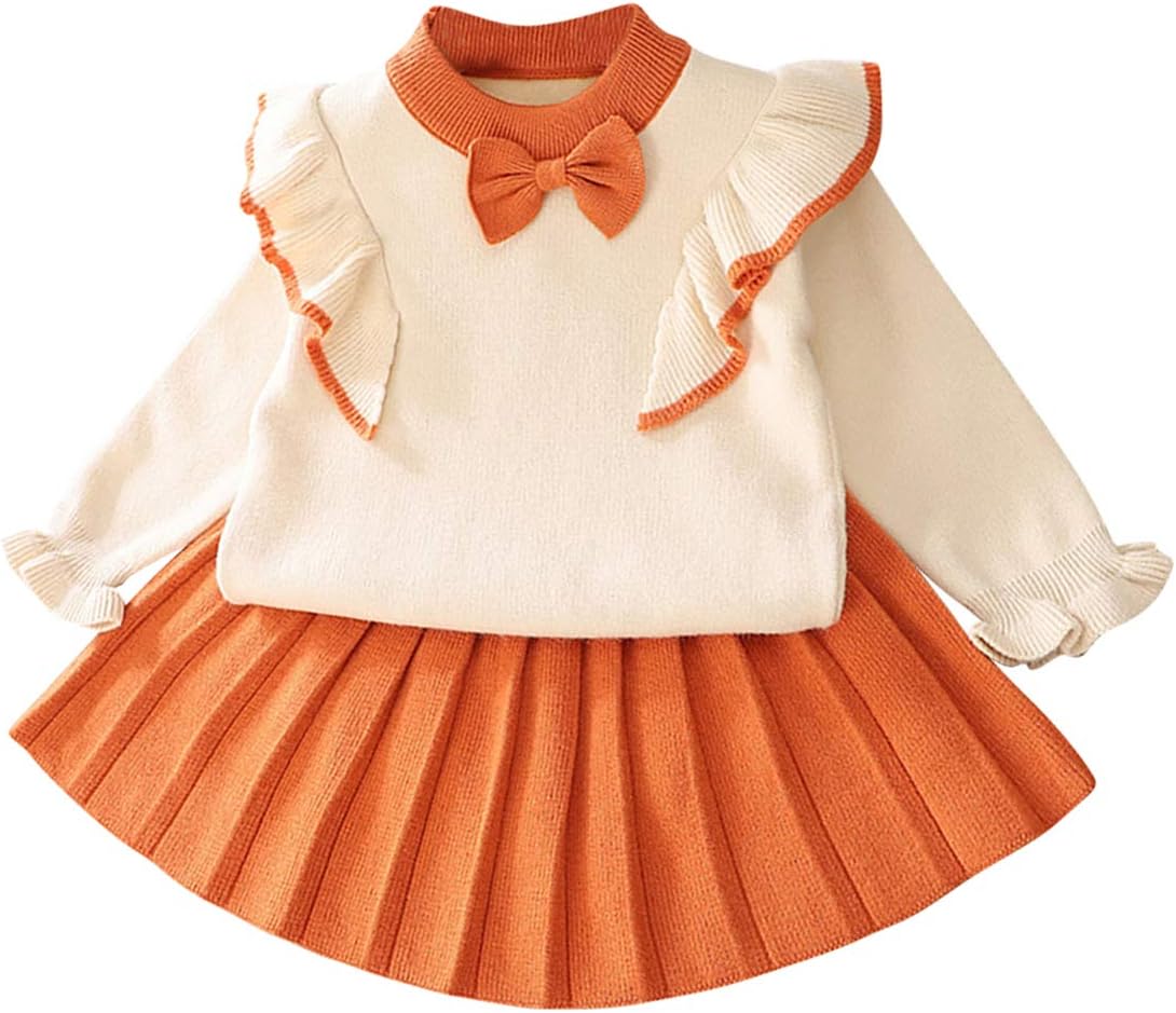 IDOPIP Toddler Baby Girls Ruffle Long Sleeve Knit Sweater Top + Tutu Skirt Casual Birthday Party Dress Fall Winter Outfit Set