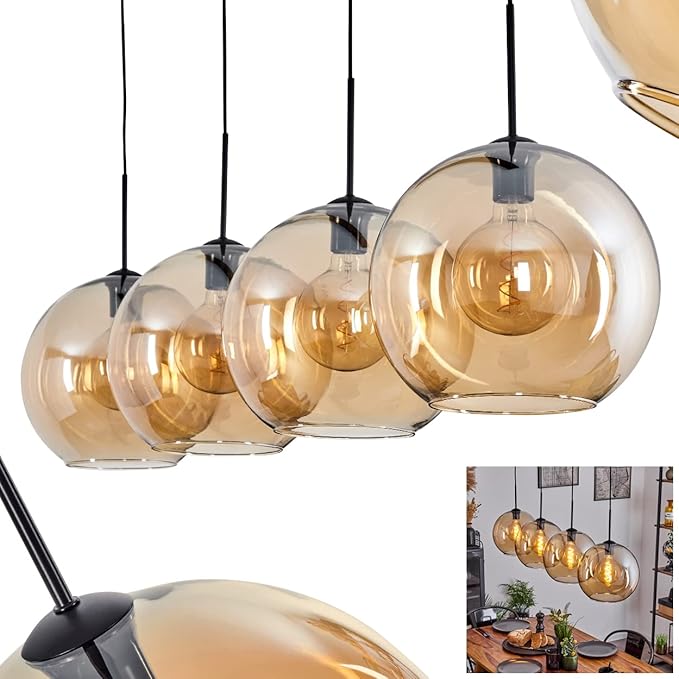 hofstein Koyoto hanglamp, metaal/glas hanglamp in zwart/amber/helder, 4-lamps armatuur in vintage/retro design met glazen kappen (Ø 30 cm), hoogte max. 152 cm, 4 x E27, gloeilampen niet inbegrepen