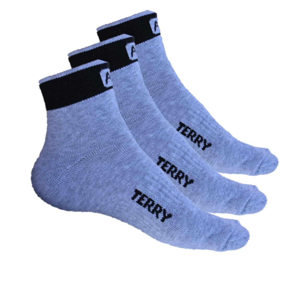 SwekshaCreations Men's 3 Pairs Sports Ankle Length Socks - Terry Towel Cotton Cushioned, Anti Odour & Anti Bacterial For Sneaker & Running Workout - Free Size, Pack Of 3 (Grey)-picture-55