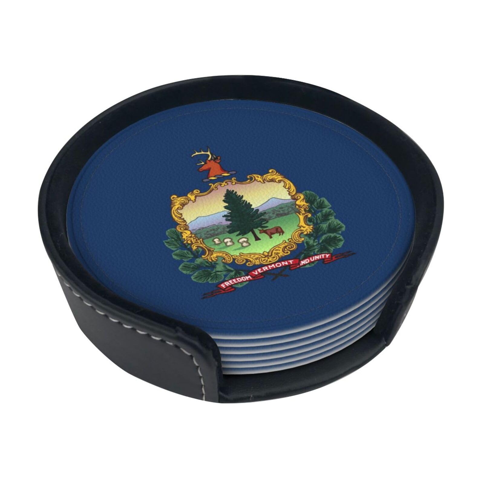 Vermont State Flag Leather Coasters-Set of 6 with Storage Holder