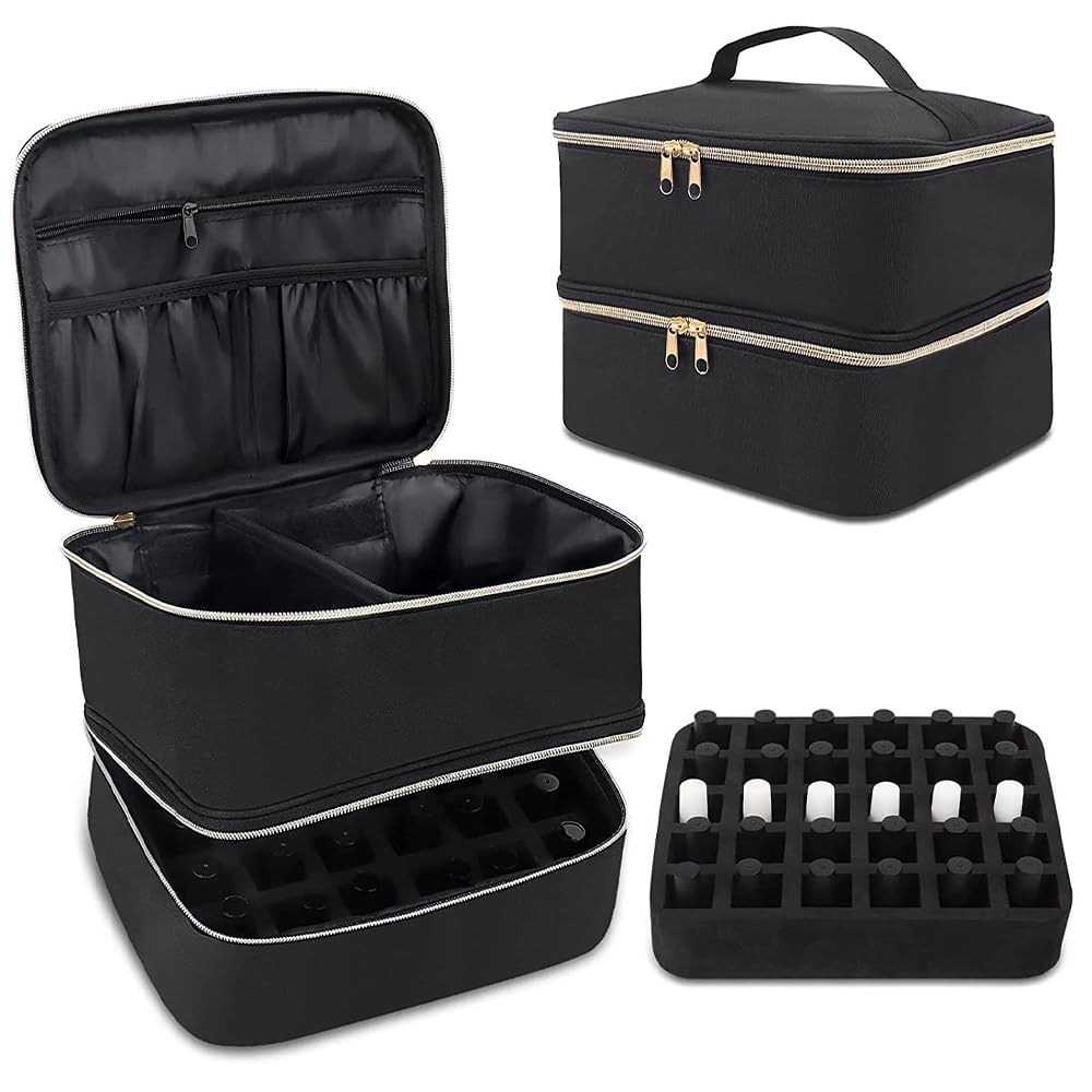 LIMITADA Organizador Esmaltes Uñas y Lámpara Bolsa de Maquillaje Doble Capa Neceser de Maquillaje Estuche Esmalte de Uñas para 30 Botellas Maletín para Maquillaje Organizador para Hogar Viaje-Negro