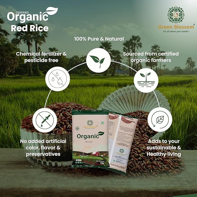 Green Blossom Organic Red Rice | Raw Rice for Healthy Cooking I Unpolished I Gluten Free I Iron Rich (Pack Of 5) 1