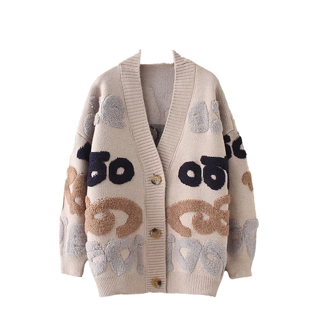 TIAFORD Womens Knitted Letter Cardigan Button Down V Neck Casual Loose Long Sleeve Jacket Women Open Knit Sweater