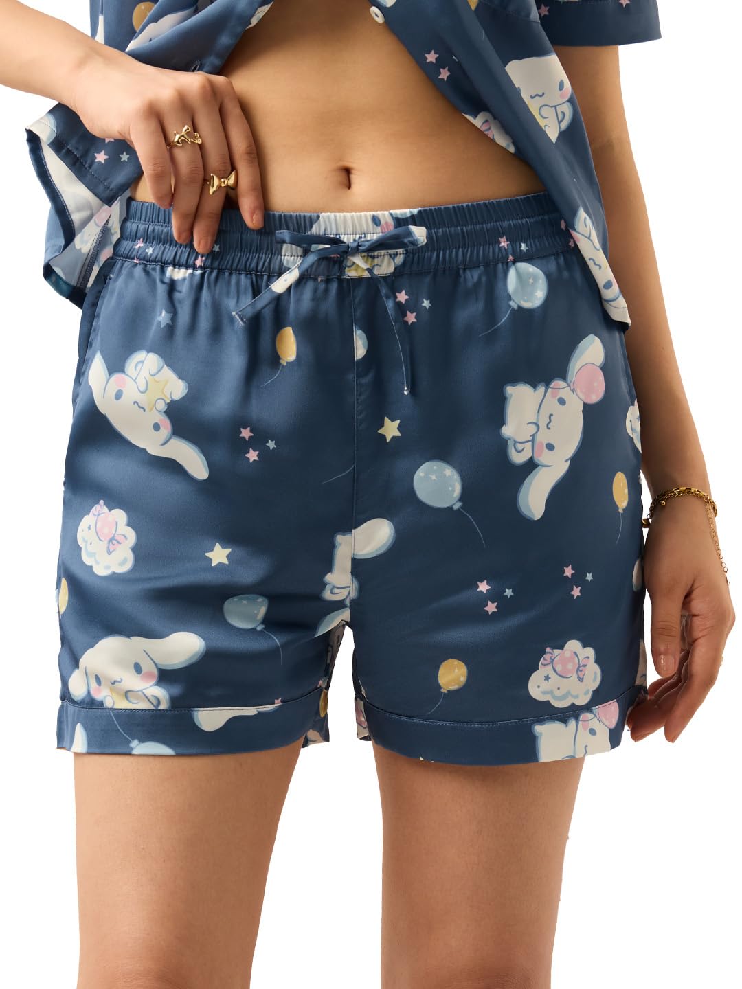 the souled store Hello Kitty: Cinnamoroll Women and Girls Elastic Navy Blue Character Printed Polyester Satin Regular Fit Lightweight Everyday All-Season Lounge Shorts-picture-40