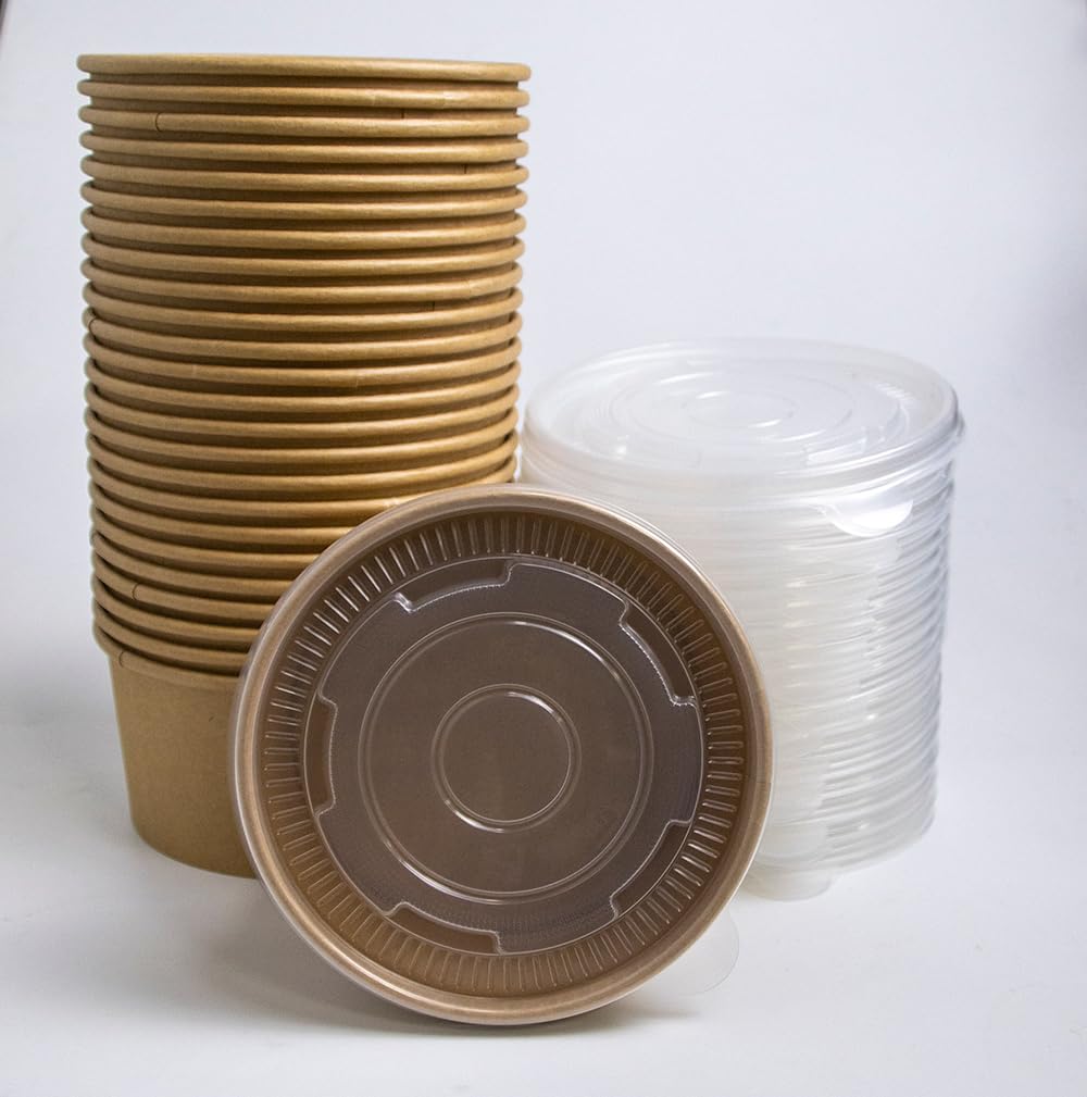 LESIBAG 50 Pack Paper Bowls with Lids, Takeaway Kraft Brown Container, Party/Picnic Supplies for Hot/Cold Food, Soup (33 OZ)