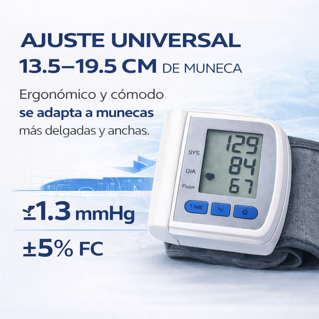 Tensiómetro de Muñeca Digital Automático - Medidor de Presión Arterial - Monitor de Ritmo Cardíaco - Medición Rápida y Precisa con Memoria de Datos - Compacto y Portátil - (No incluye pilas)