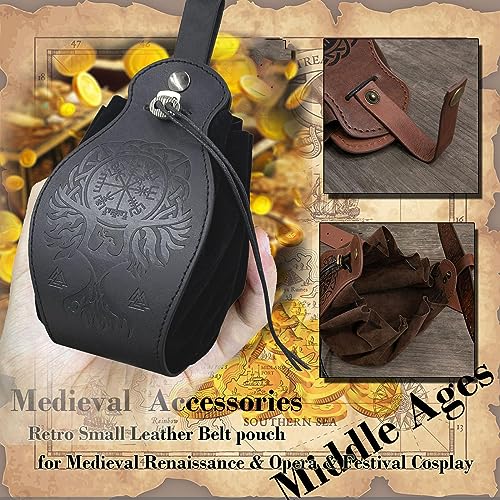 Image of Leather Belt Pouch Medieval Vintage Renaissance Viking LARP Cosplay Costumes Drawstring Coin Purse Phone Holder Waist Bag (Phoenix-Black)