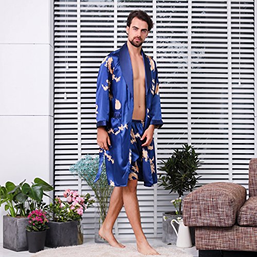 Mens Satin Robe Silk Long Sleeve House Kimono Bathrobe Sleepwear Loungewear3