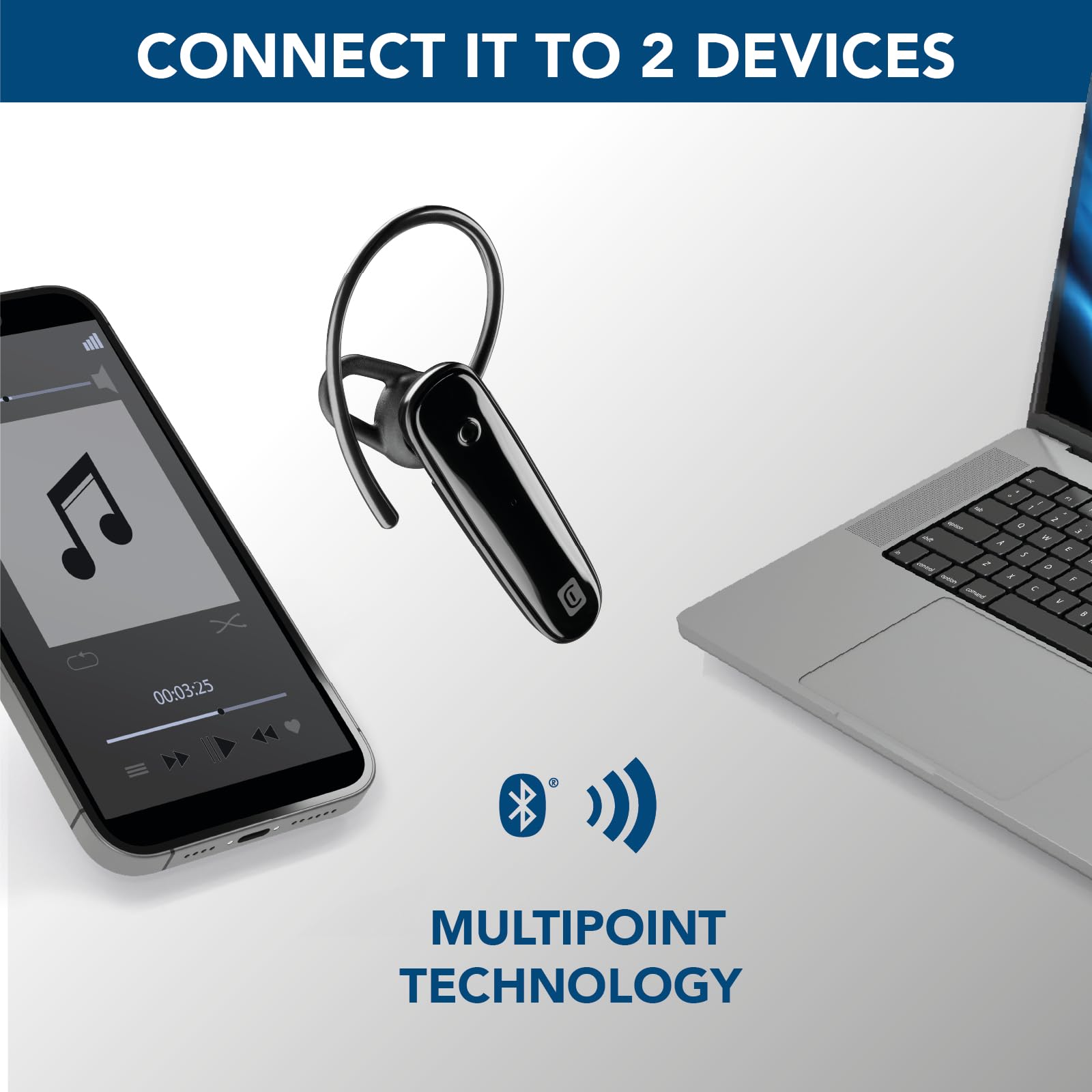 cellularline | SCORE | Auricolare Bluetooth® Mono Ergonomico con Archetto Removibile - Play time 4 ore - Nero
