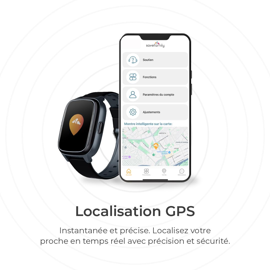 SaveFamily Senior | Montre Localisatrice pour Personnes Âgées avec GPS, Appels, Alerte en Cas de Chute, SOS, Rappel de Prise de Médicaments, Capteurs de Santé | Couleur Noir