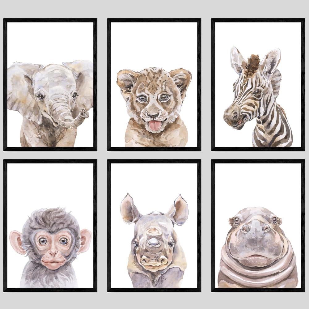 Safari Animals Set of 6 Unframed Poster Prints For Baby Girl Boy Nursery Bedroom, Neutral Safari Jungle Nursery Wall Art Decor, Gift Present (A4)