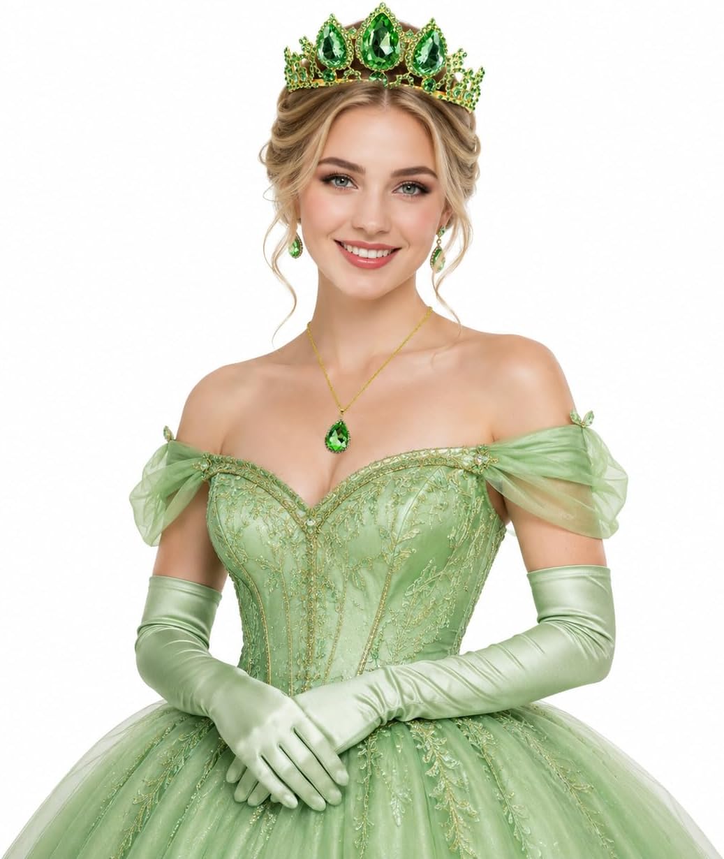 Princess Tiana Costume Accessory Crown Necklace Gloves Halloween Party Cosplay Dress Props Green Crystal Tiara