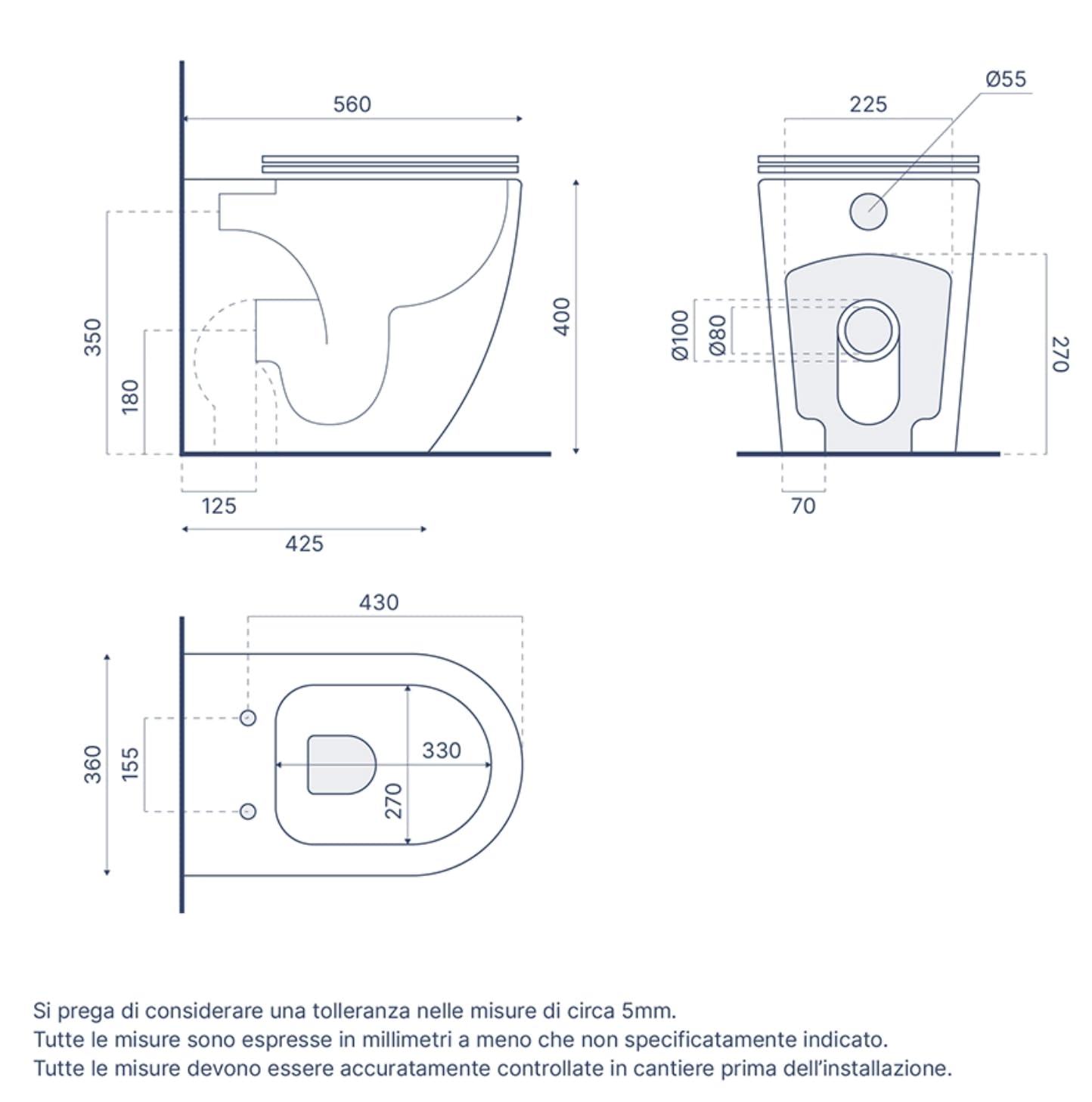 Sanitari filomuro in ceramica bianco lucido vaso rimless con copriwc soft-close e bidet OASI (52 cm)
