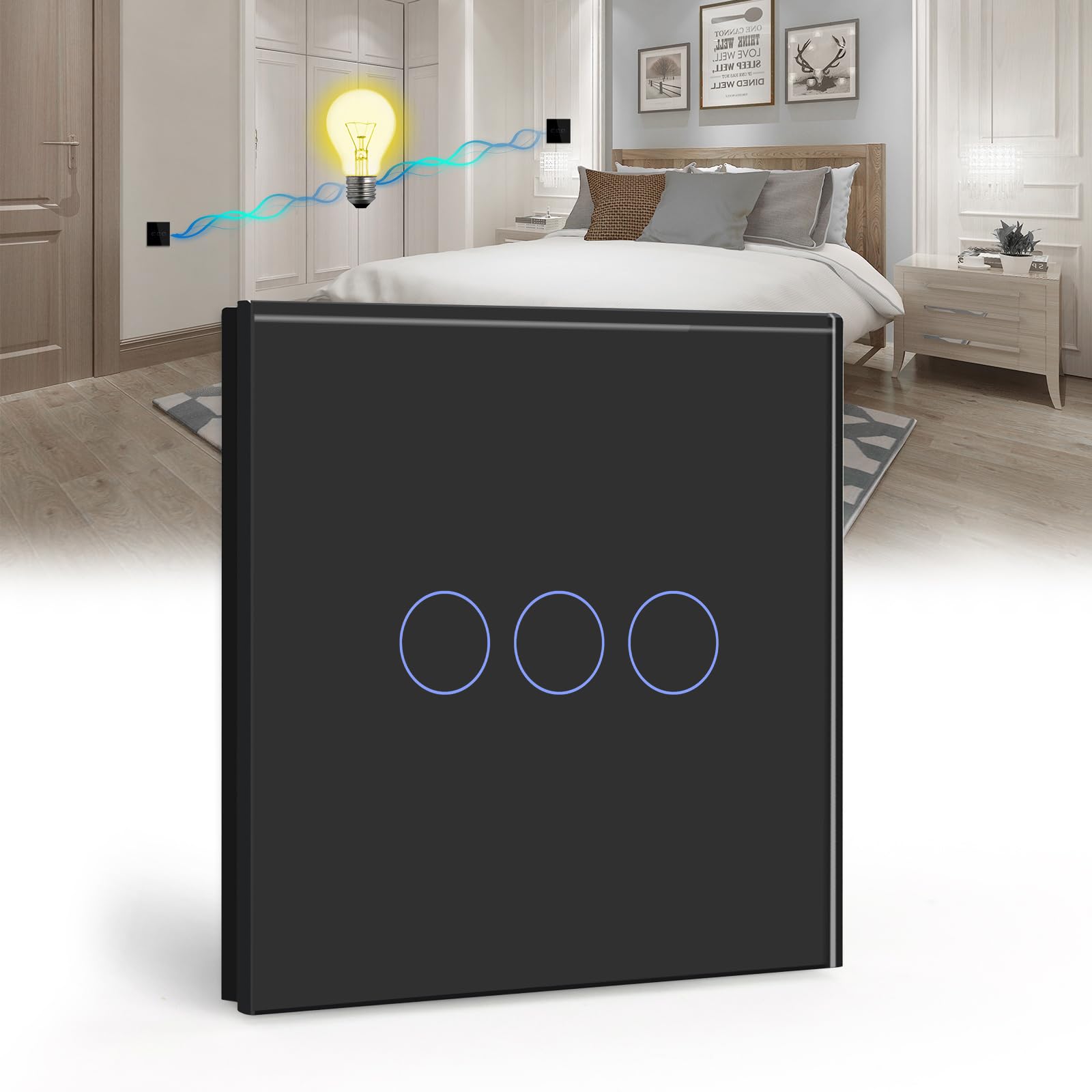 BSEED Touch Light Switch 3 Gang 2 Way, Tempered Glass Panel Light Switches with LED Indicator, Black Touch Sensitive Light Switch-No Neutral Wire
