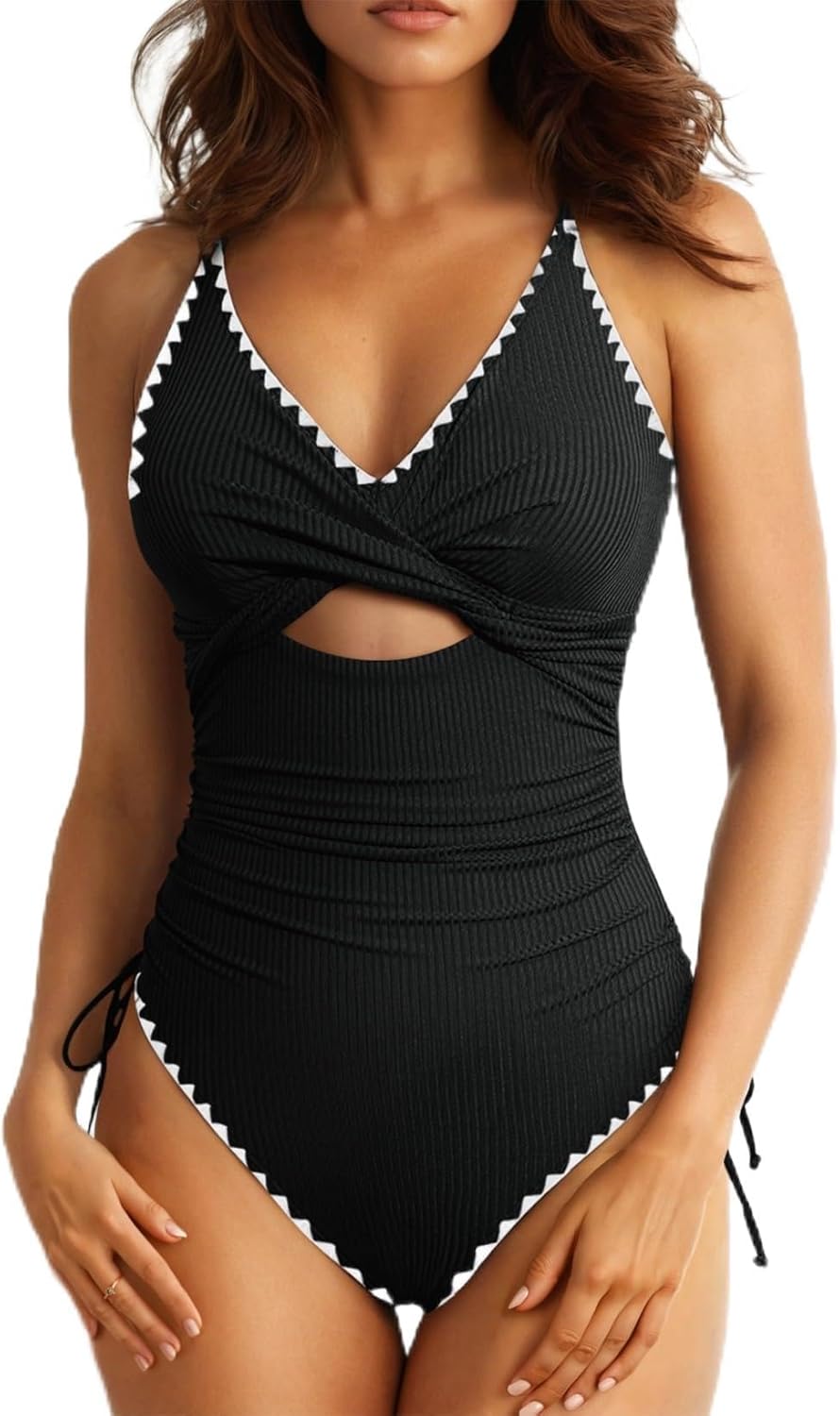 Aleumdr Women's Ribbed One Piece Swimsuit Tummy Control High Cut Bathing Suit Sexy V Neck Criss Cross Monikini