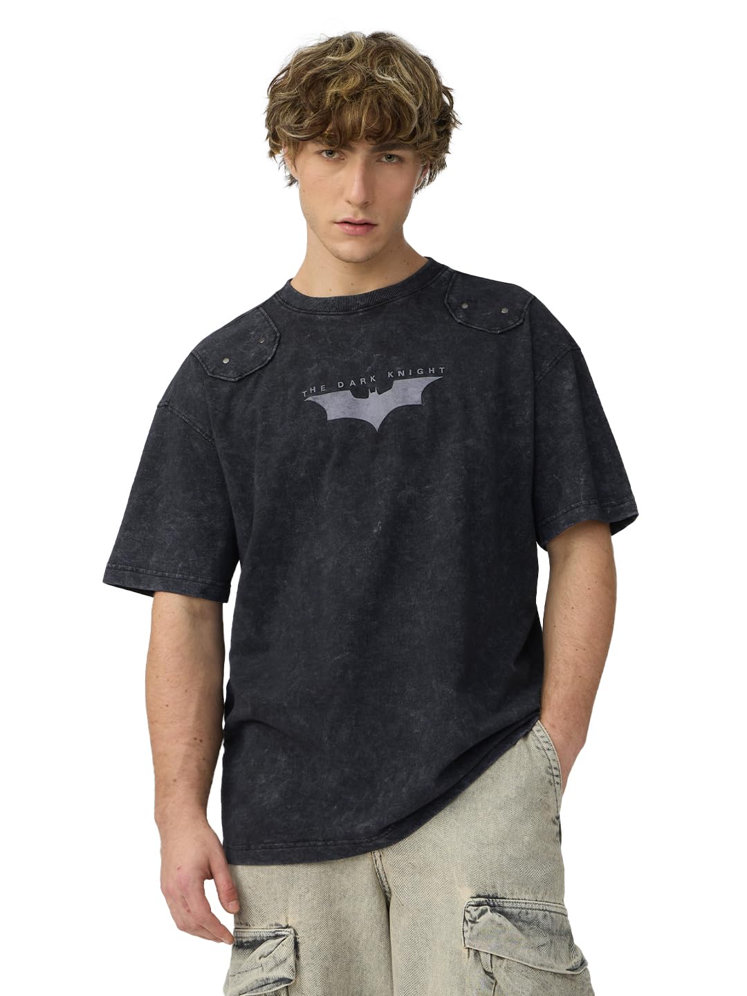 Batman: Dark Knight Logo Men and Boys Short Sleeves Round Neck Black Graphic Printed Cotton Oversized T-Shirts-image-12