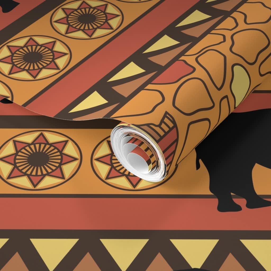 Removable Wallpaper 9ft x 2ft - Safari Style African Earth Animals Rhino Elephant Giraffe Landscape Geometric Orange Large Fair Custom Pre-Pasted Wallpaper by Spoonflower