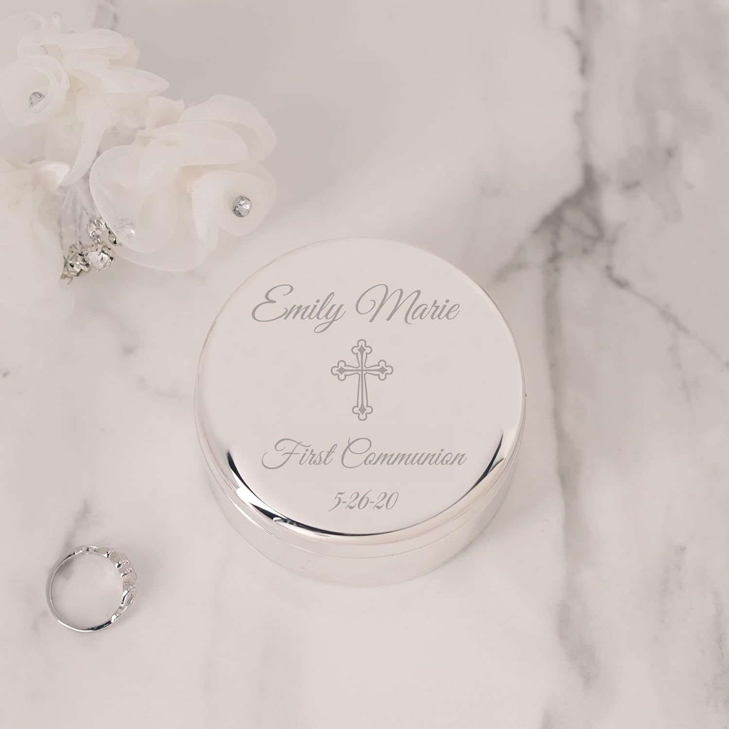 Cherished Moments Personalized Small Round Jewelry Keepsake Box that has Custom Engraved Cross and Message for First Communion Gift for Girls, Silver Toned