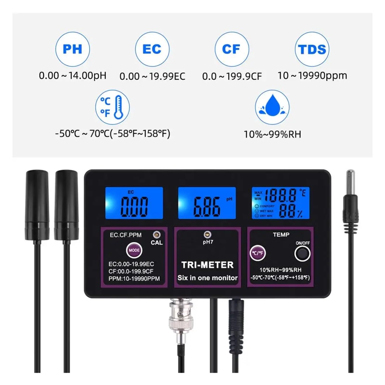 Medidor Agua Monitor De Calidad del Agua 6 En 1, Medidor Análisis PH For Acuario, TDS EC CF RH, Detector Conductividad Multiusos Preciso Fácil