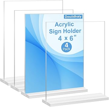 4 Pack 4 x 6 Acrylic Double Side Sign Holder ,T Shape Plastic Menu Display Stand,Table Card Display Paper Stand for Restaurants ,Office ,Photo Frames ,Store - Vertical