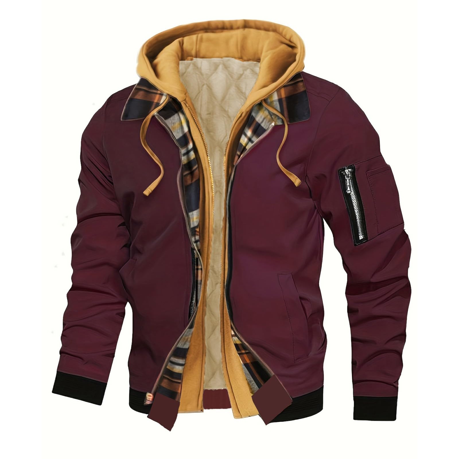 Mens Winter Jacket with Hood Stylish Plaid Patchwork Bomber Jacket with Pocket Thicken Winter Coat Ski Hiking Cardigan