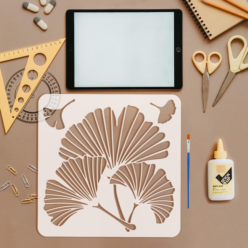 FINGERINSPIRE 4 Pcs Ginkgo Tree Stencil with Brush A4/11.8inch Layered Leaf Pattern Painting Stencil Reusable PET Plant Themes Decoration Template for Painting on Wood Wall Floor Tiles Furniture